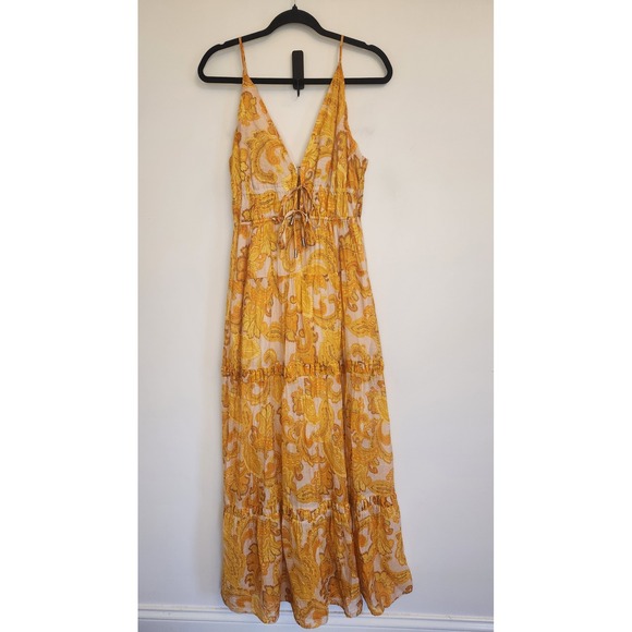 MINKPINK Blaise Sun Dress Golden Paisley Tiered Maxi Dress Lace Up‎ V Neck Large - Picture 2 of 7